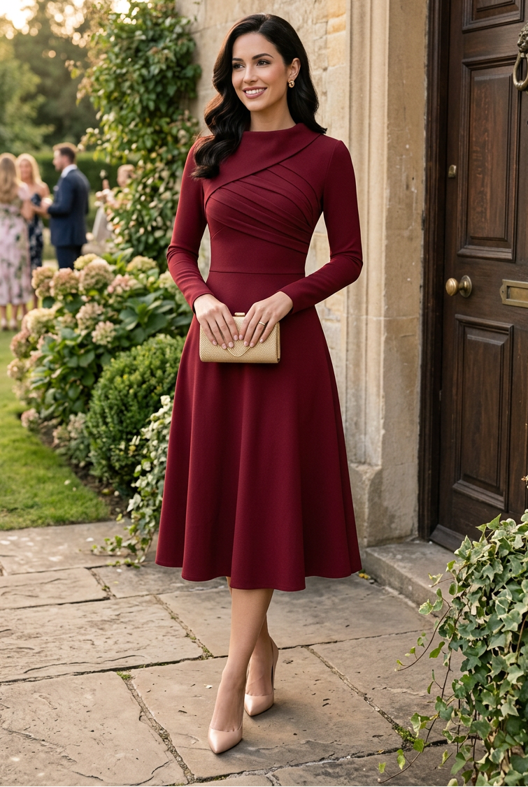 Pleated Bodice Long Sleeve Midi A-Line Dress