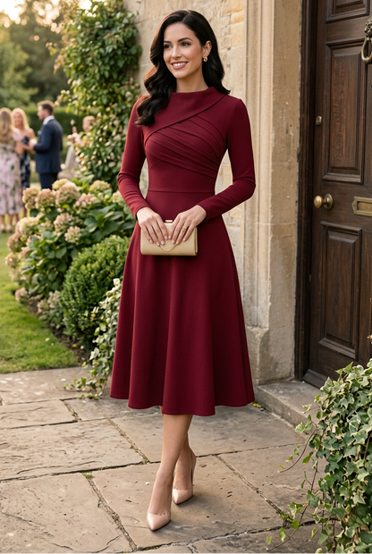 Pleated Bodice Long Sleeve Midi A-Line Dress
