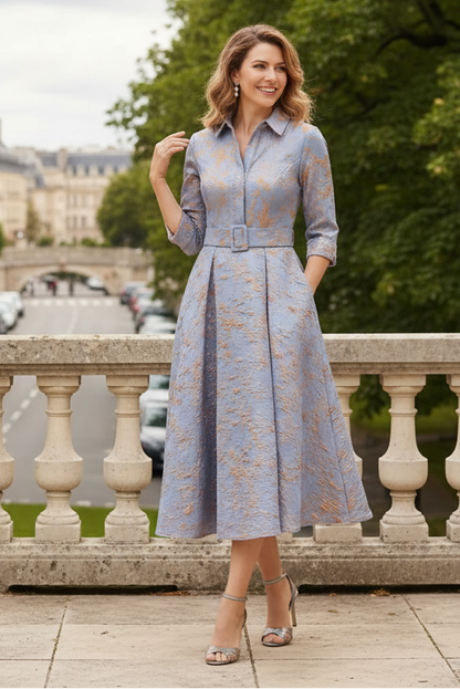 Elegant Jacquard A-Line Midi Dress with Pockets