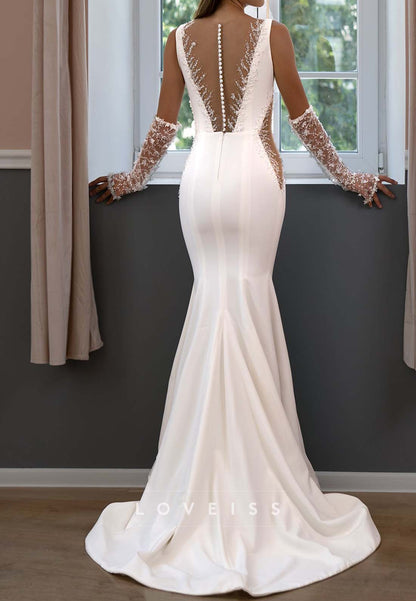 Deep V-Neck Mermaid Wedding Dress with Gloves