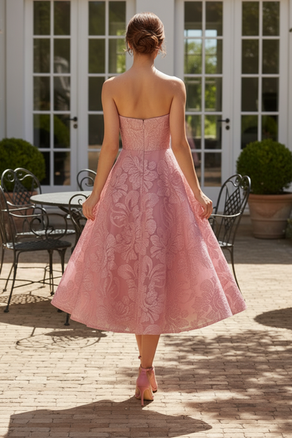 Strapless Sequin Floral Lace Midi Dress