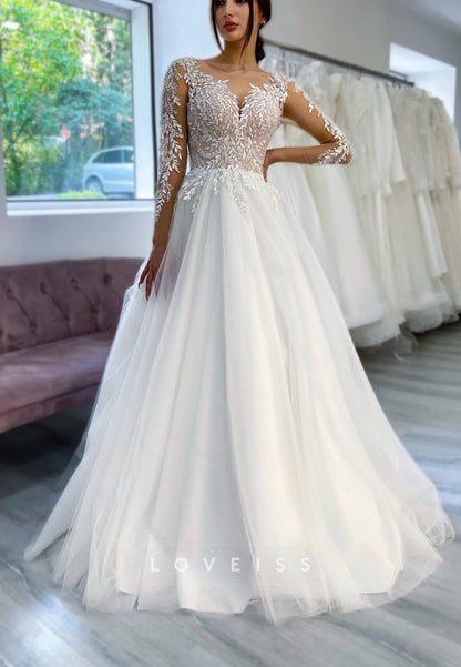 Illusion Lace Long Sleeve Tulle Wedding Dress
