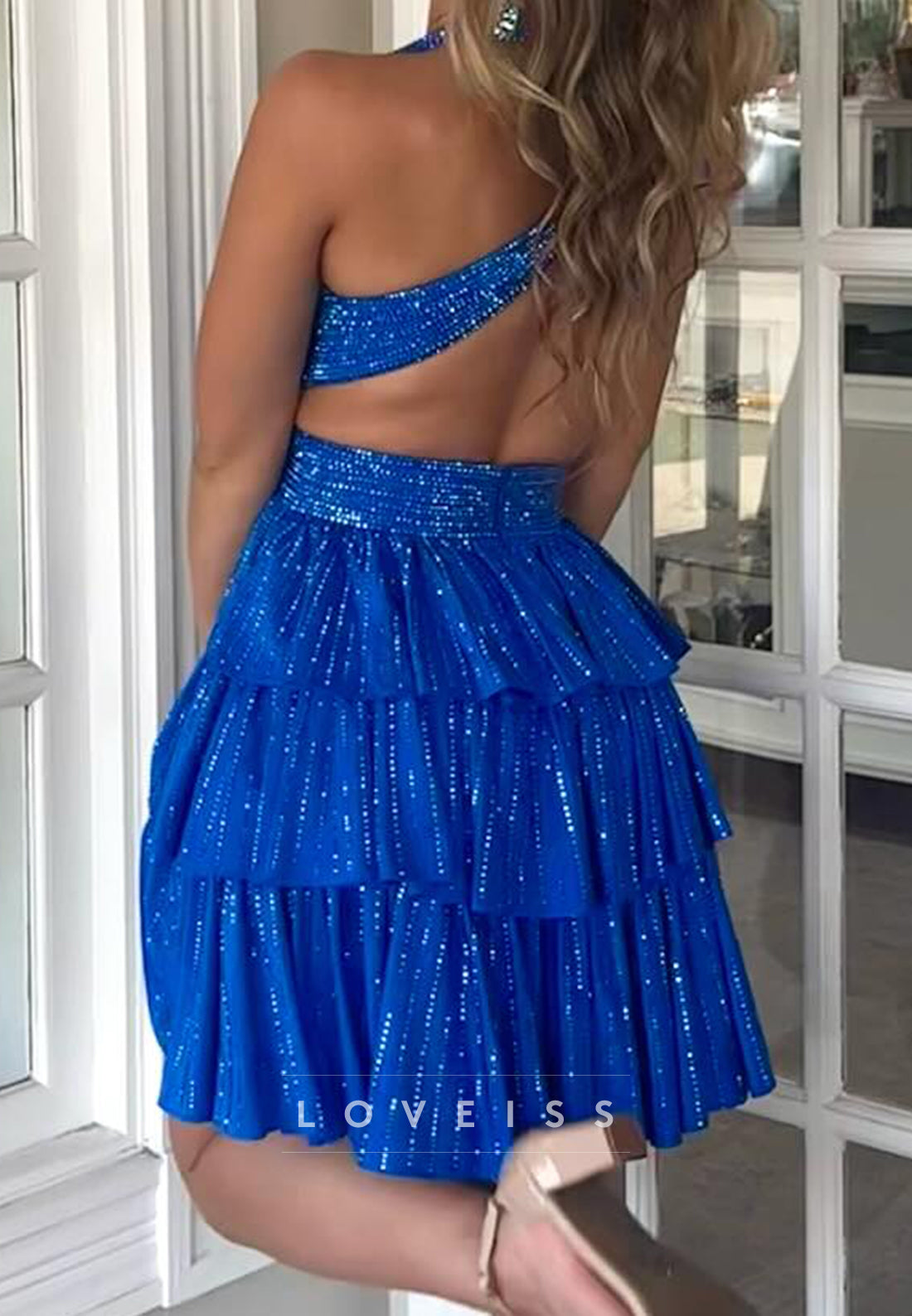 Halter Deep V-Neck Tiered Ruffled Mini Dress