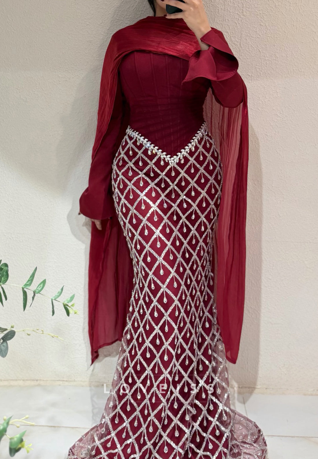 Embellished Lattice Mermaid Evening Dress with Cape
