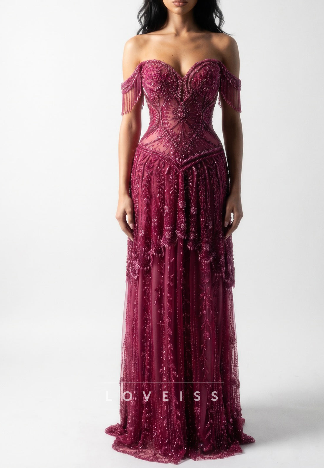 Beaded Off-the-Shoulder Fringe Corset Evening Gown