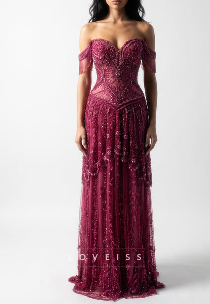 Beaded Off-the-Shoulder Fringe Corset Evening Gown