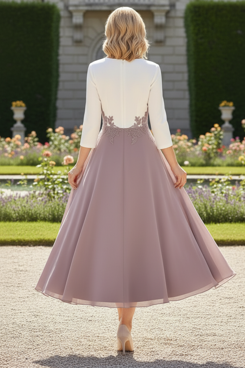 Lace Applique 3/4 Sleeve Tea-Length A-Line Dress