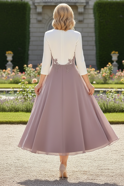 Lace Applique 3/4 Sleeve Tea-Length A-Line Dress