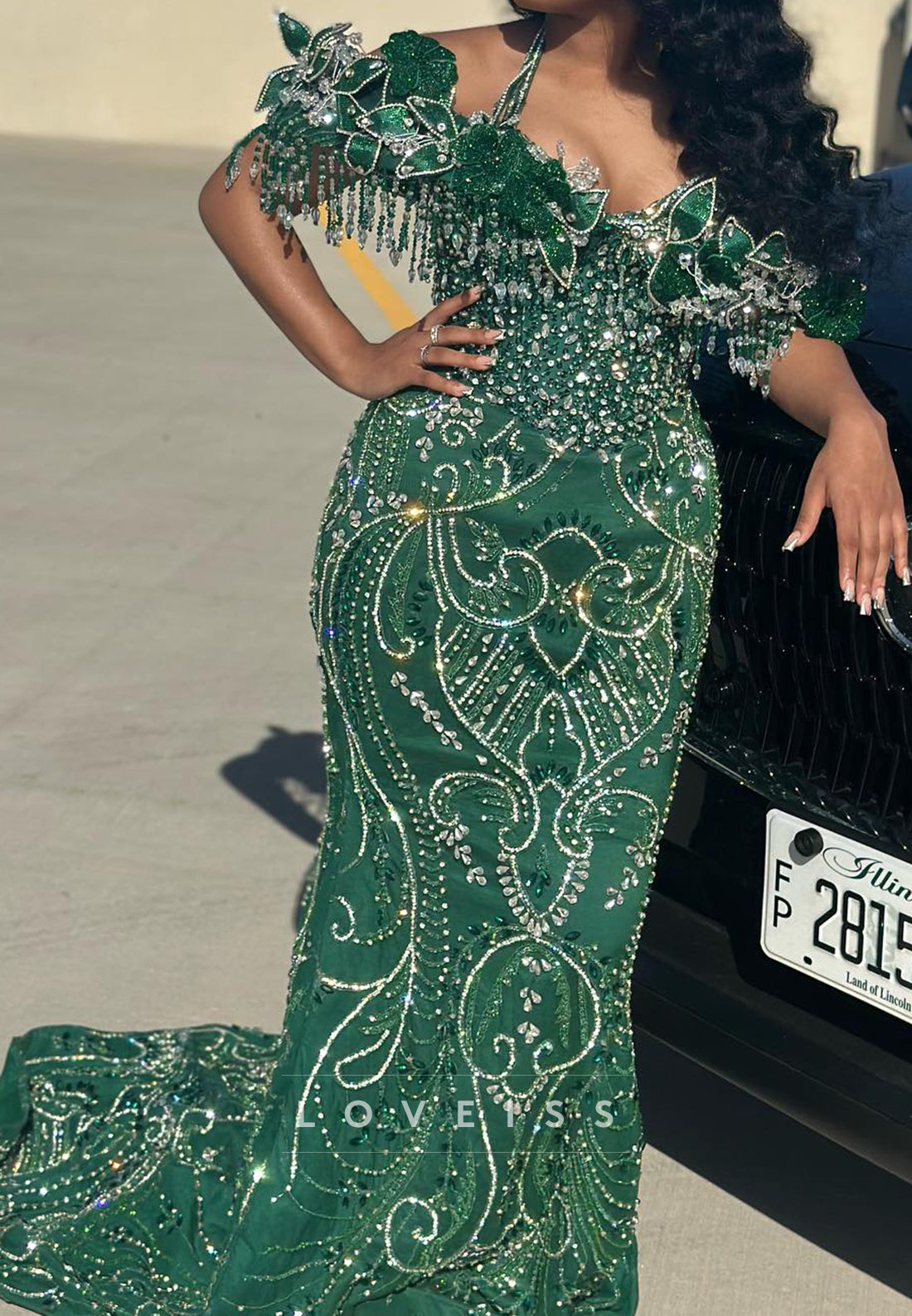 Beaded Mermaid Evening Dress with Beaded Fringe