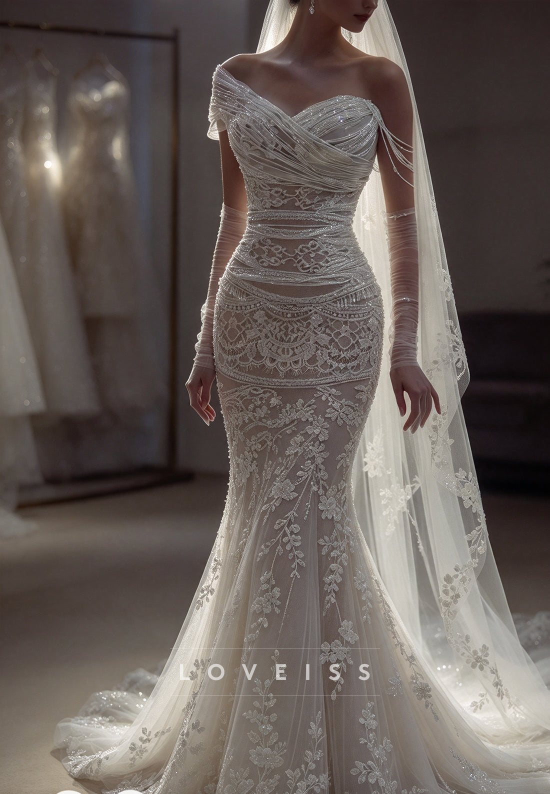 Draped Asymmetric Mermaid Wedding Dress with Lace