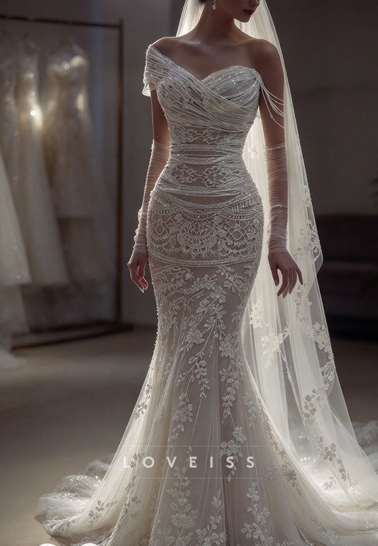 Draped Asymmetric Mermaid Wedding Dress with Lace