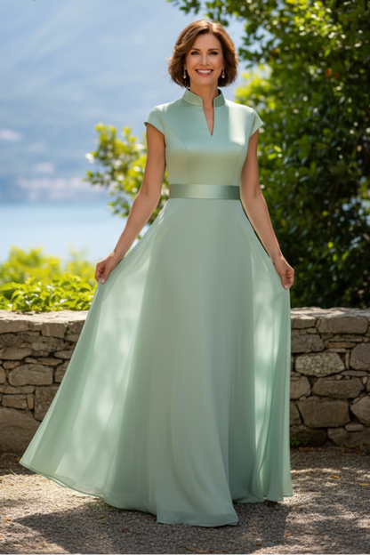Mandarin Collar A-Line Evening Gown with Cap Sleeves