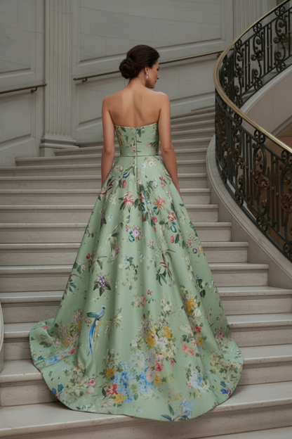 Strapless Notched Floral Print Evening Ball Gown