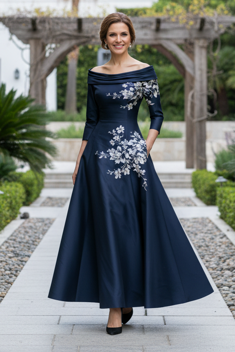Off-the-Shoulder Floral A-Line Evening Dress