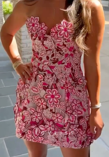 Strapless Floral Embroidered Mini Cocktail Dress