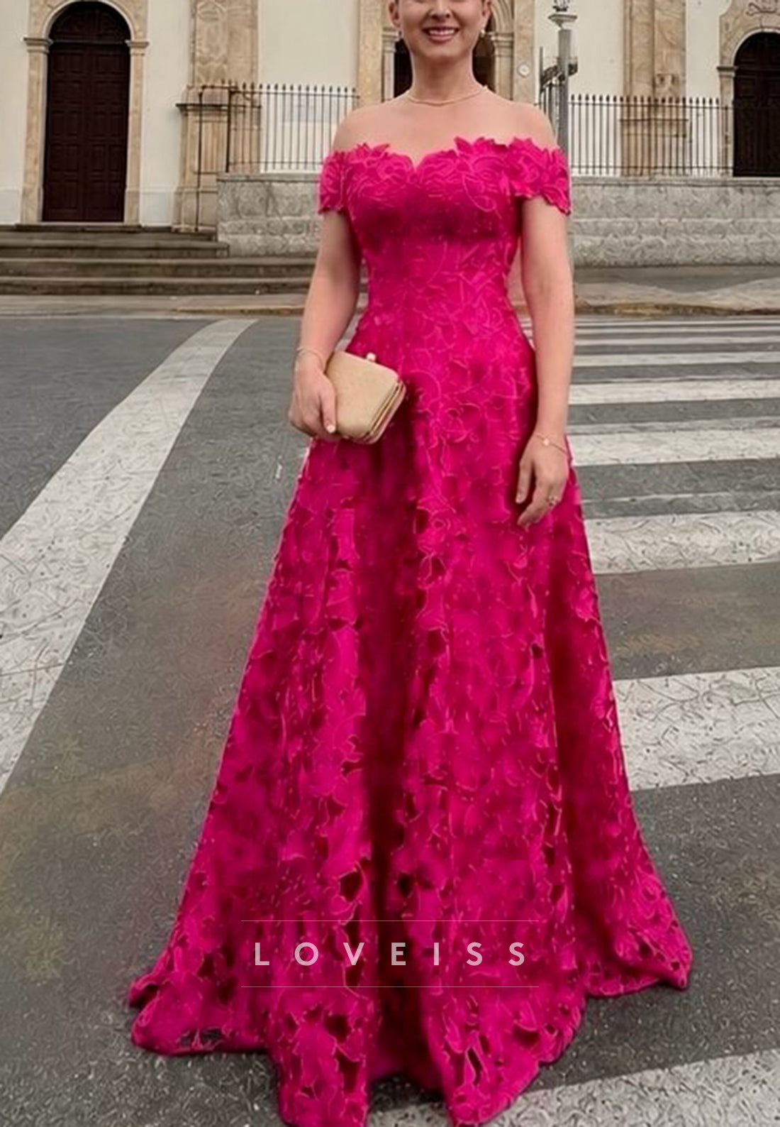 Off Shoulder Lace Applique A-Line Formal Gown