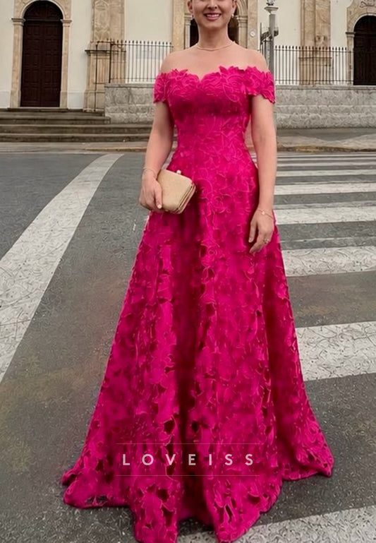 Off Shoulder Lace Applique A-Line Formal Gown
