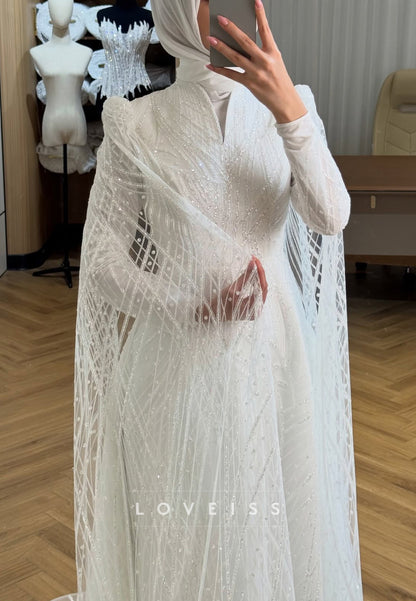 Beaded High Neck A-Line Wedding Dress with Cape