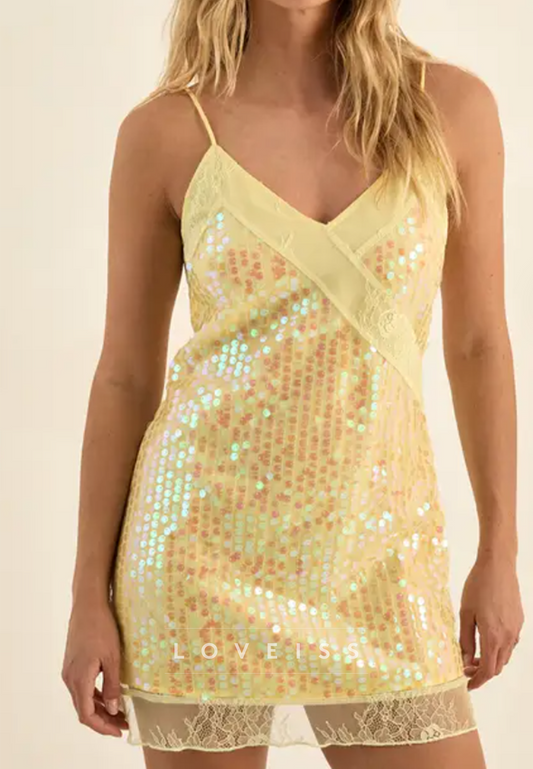 Iridescent Sequin Mini Dress with Lace Trim
