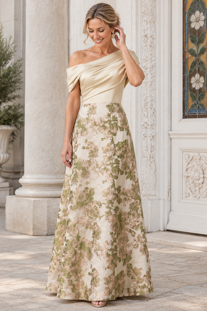 One-Shoulder Pleated Floral Jacquard A-Line Gown