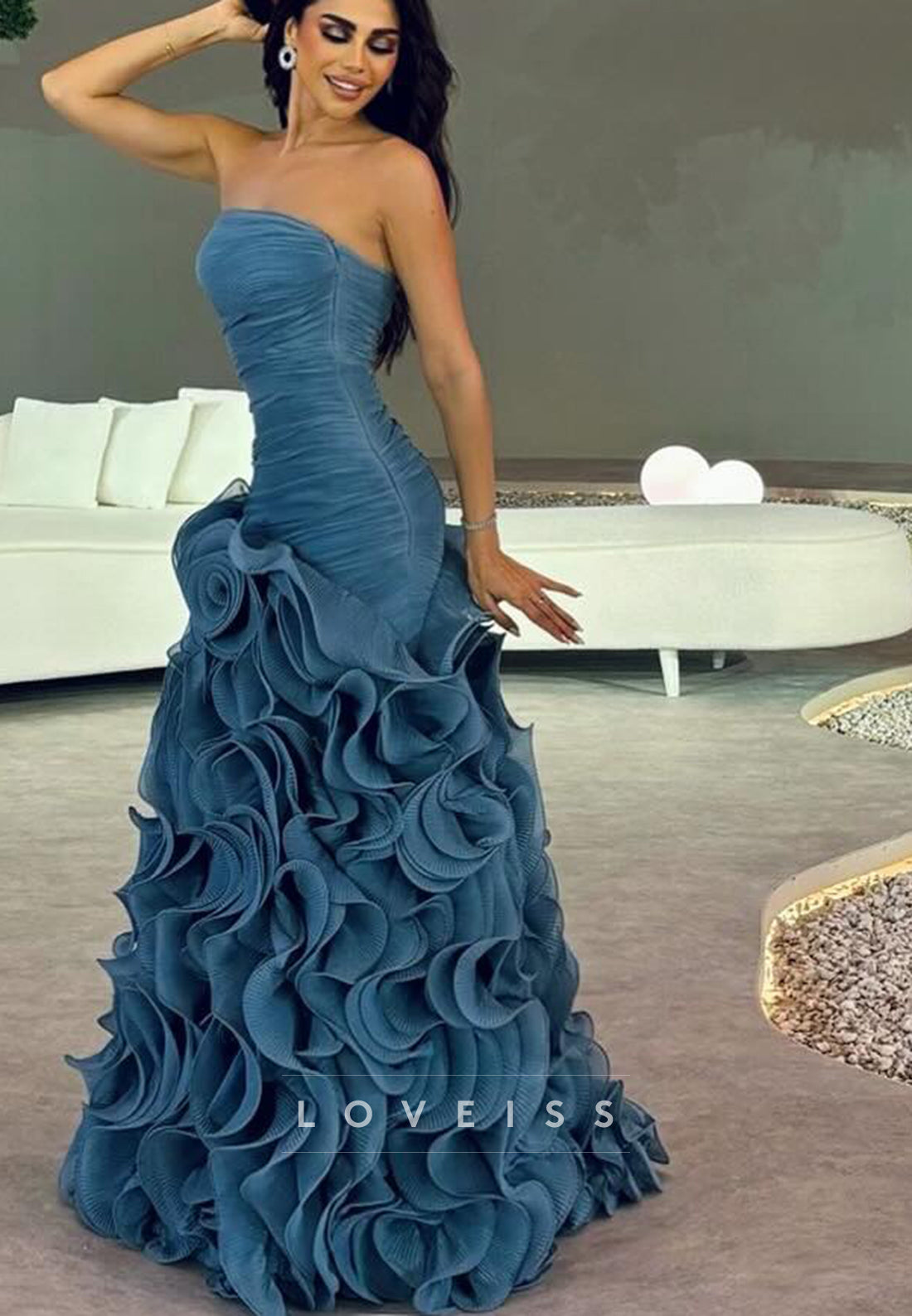 Strapless Ruched Mermaid Gown with Sculptural Ruffles