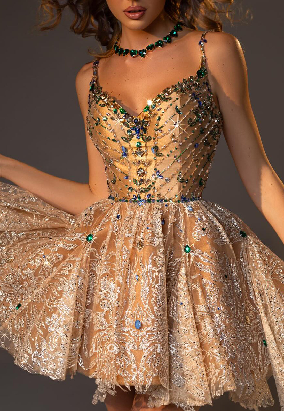 Crystal Embellished Corset Mini Dress with Full Skirt