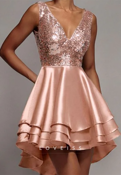 Sequin V-Neck Tiered High-Low Homecoming Dress