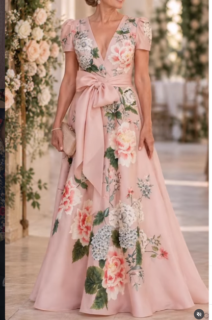 Floral A-Line Gown with Bow Waist and Puff Sleeves