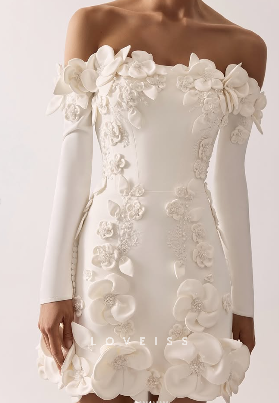 3D Floral Off-the-Shoulder Long Sleeve Mini Dress