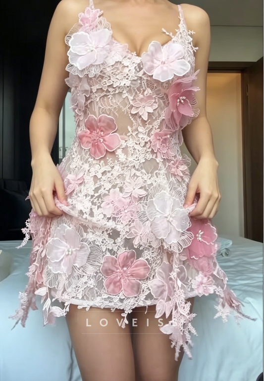 Romantic 3D Flower Lace Mini Dress with Pearl Details