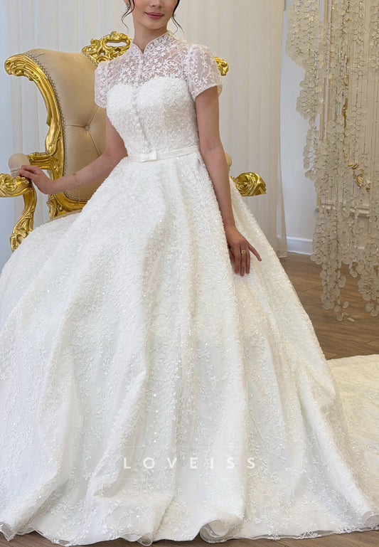 High Neck Lace Ball Gown Wedding Dress