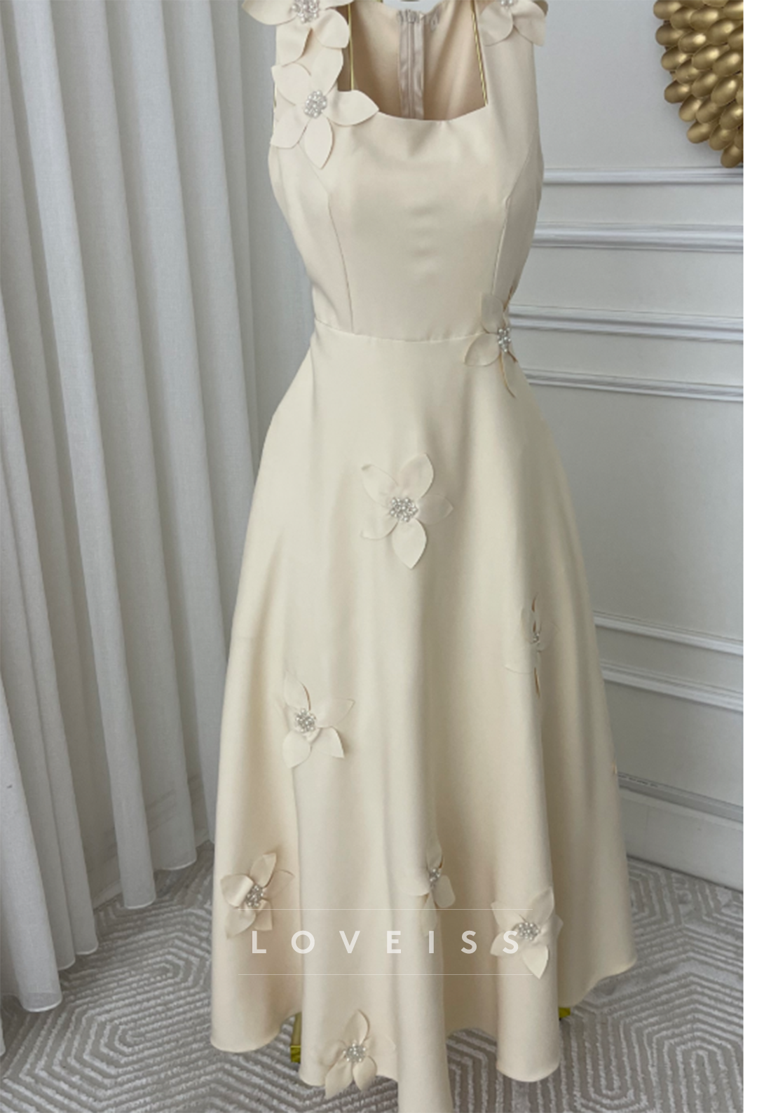 3D Floral Applique Square Neck A-Line Dress