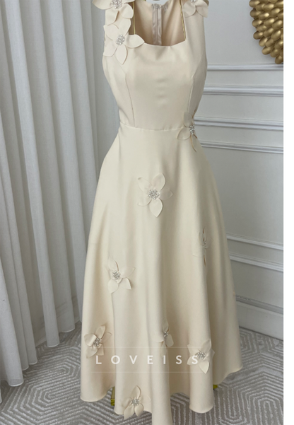 3D Floral Applique Square Neck A-Line Dress
