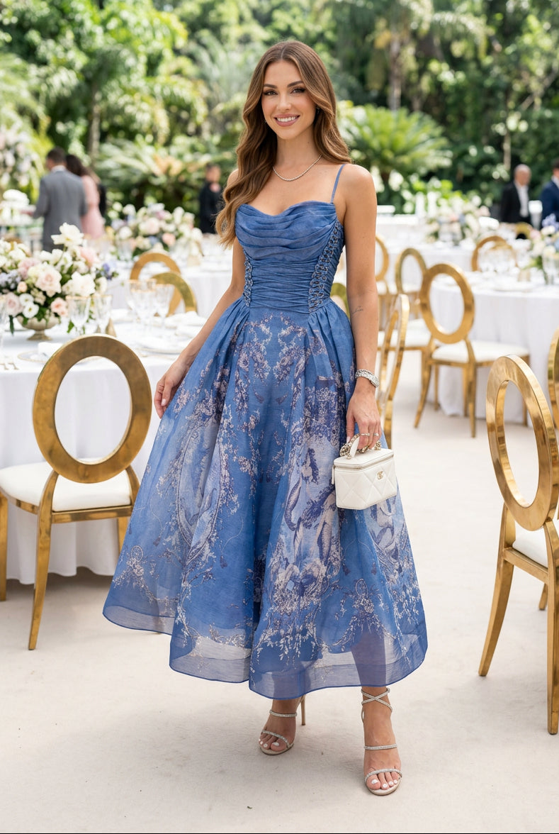 Corset Midi Dress with Floral Jacquard Skirt