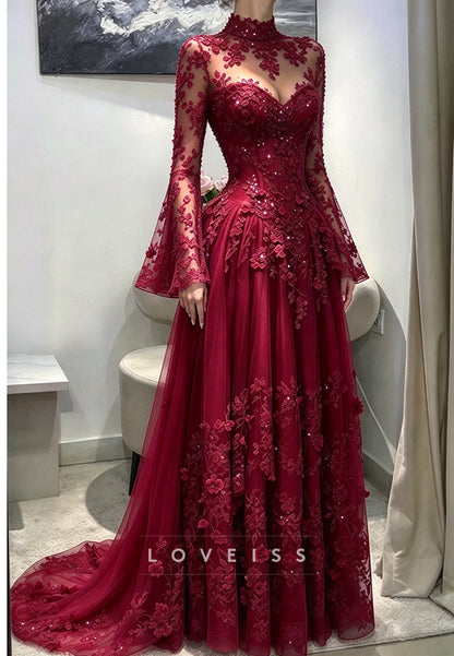 Embroidered Illusion Evening Gown with Bell Sleeves