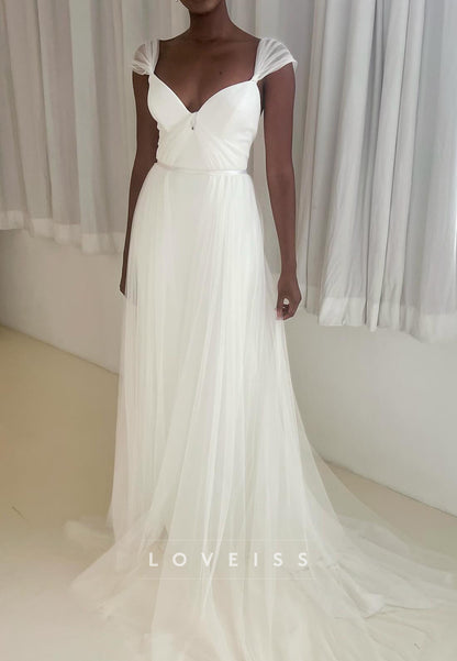 Tulle Cap Sleeve Wedding Dress with Deep V Notch