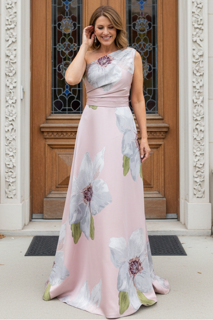 One-Shoulder Floral Print A-Line Gown
