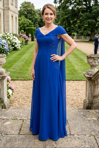 Draped Off-the-Shoulder Gown with Beading