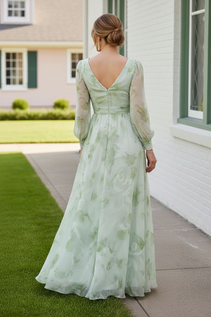 Floral Long Sleeve Chiffon A-Line Maxi Dress
