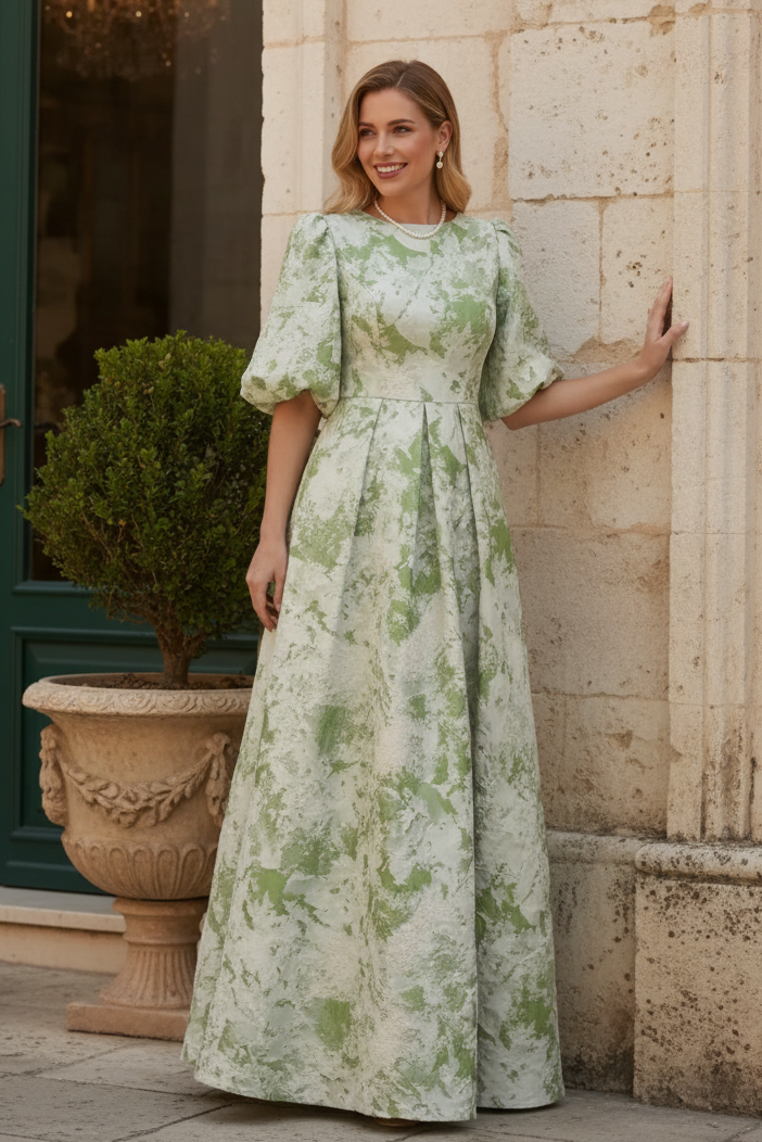Puff Sleeve Pleated Jacquard Maxi Dress