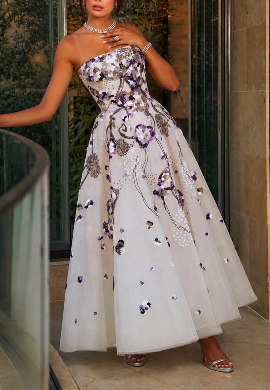 Strapless Floral Embroidered Ankle-Length A-Line Dress