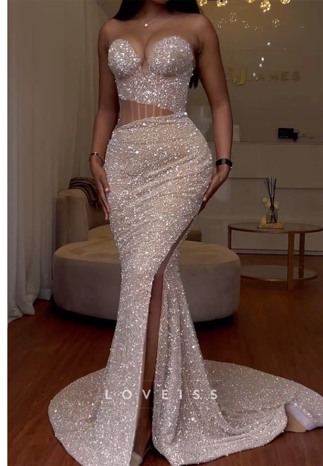Strapless Sequin Mermaid Gown with Cutout