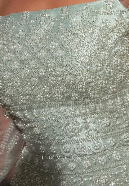 Beaded Sheath Gown with Train and Sheer Sleeves
