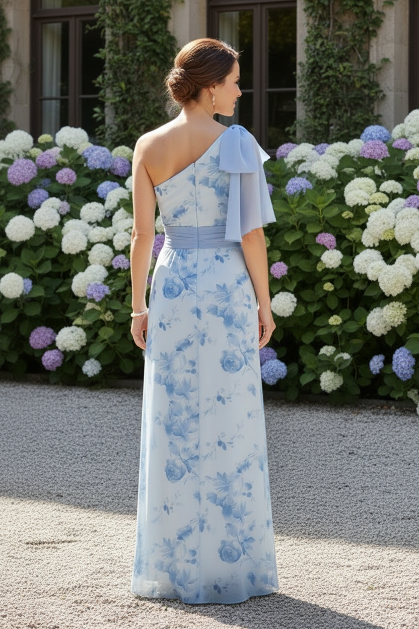 One Shoulder Floral Print Maxi Dress with Bow Detail