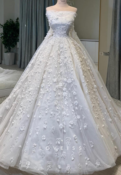 Off-the-Shoulder 3D Floral Lace Ball Gown Wedding Dress
