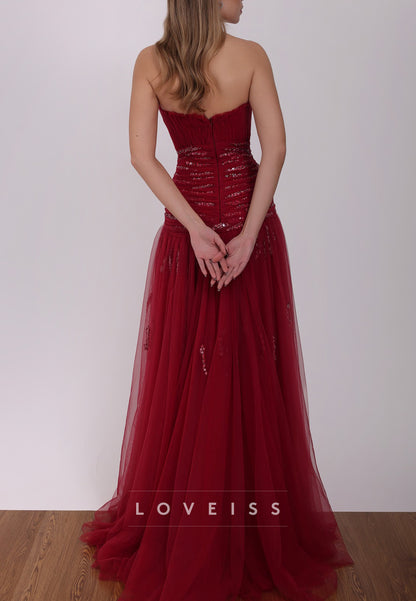 Strapless Pleated A-Line Tulle Evening Gown