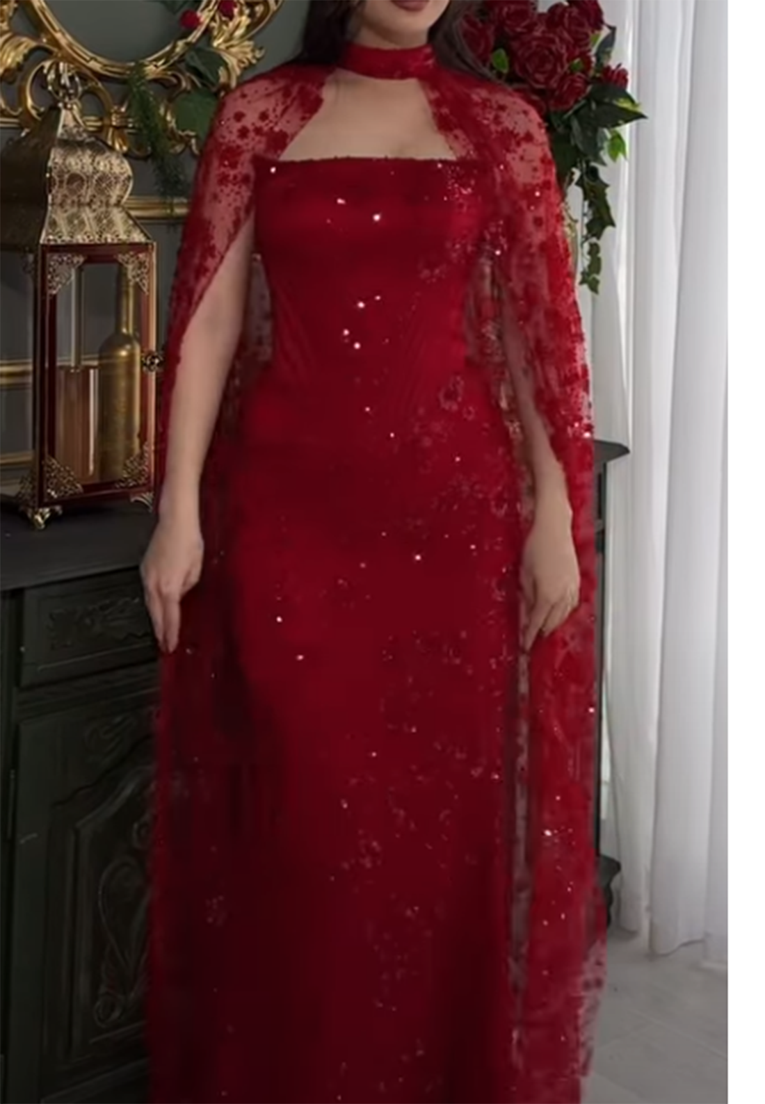 Sequin Cape Column Evening Gown