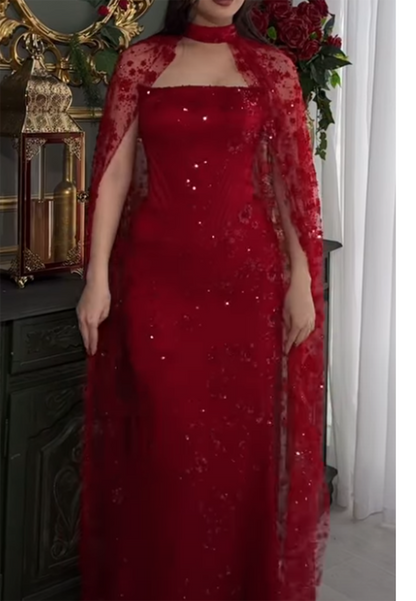 Sequin Cape Column Evening Gown