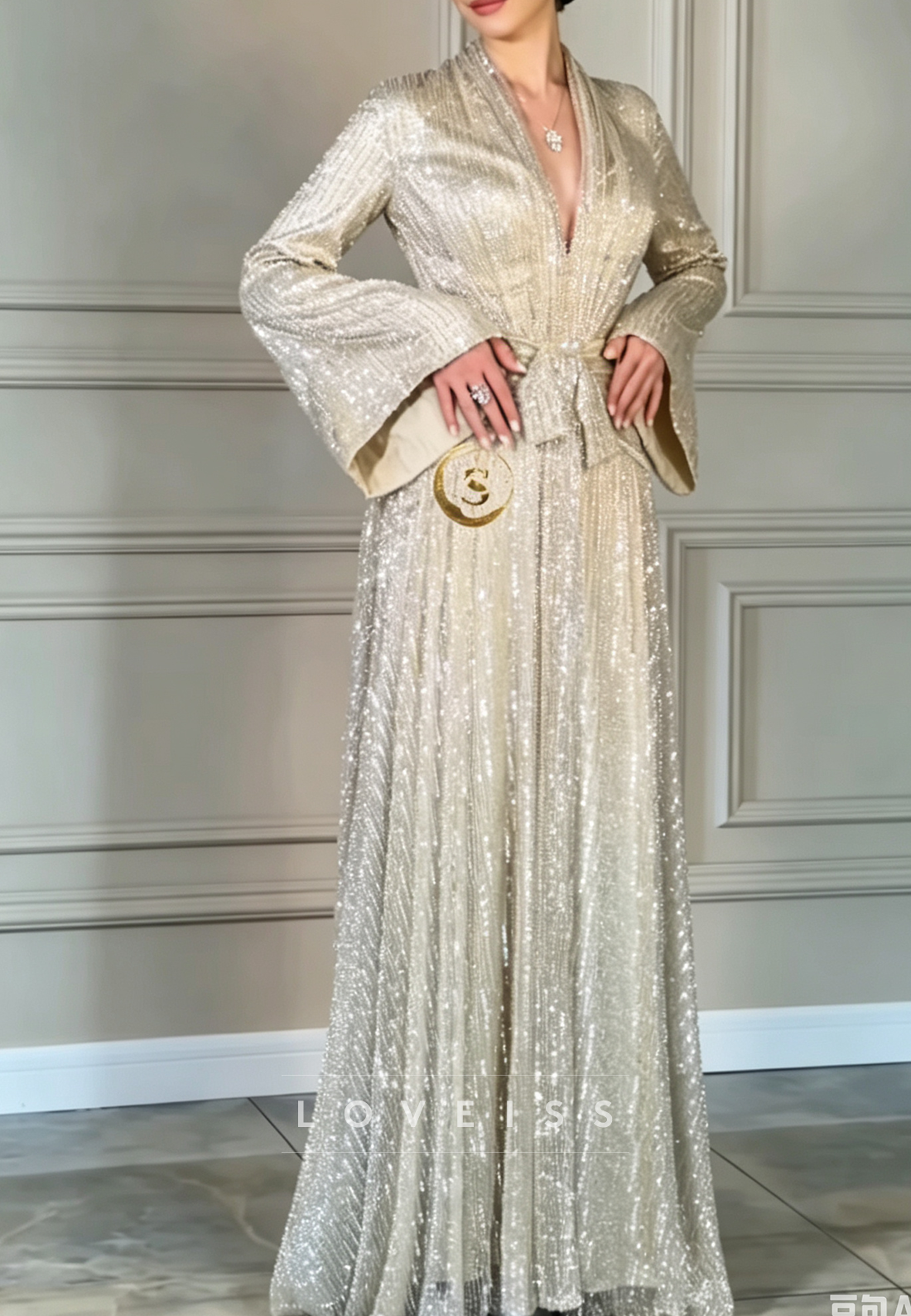 Deep V-Neck Sequin A-Line Gown with Bell Sleeves