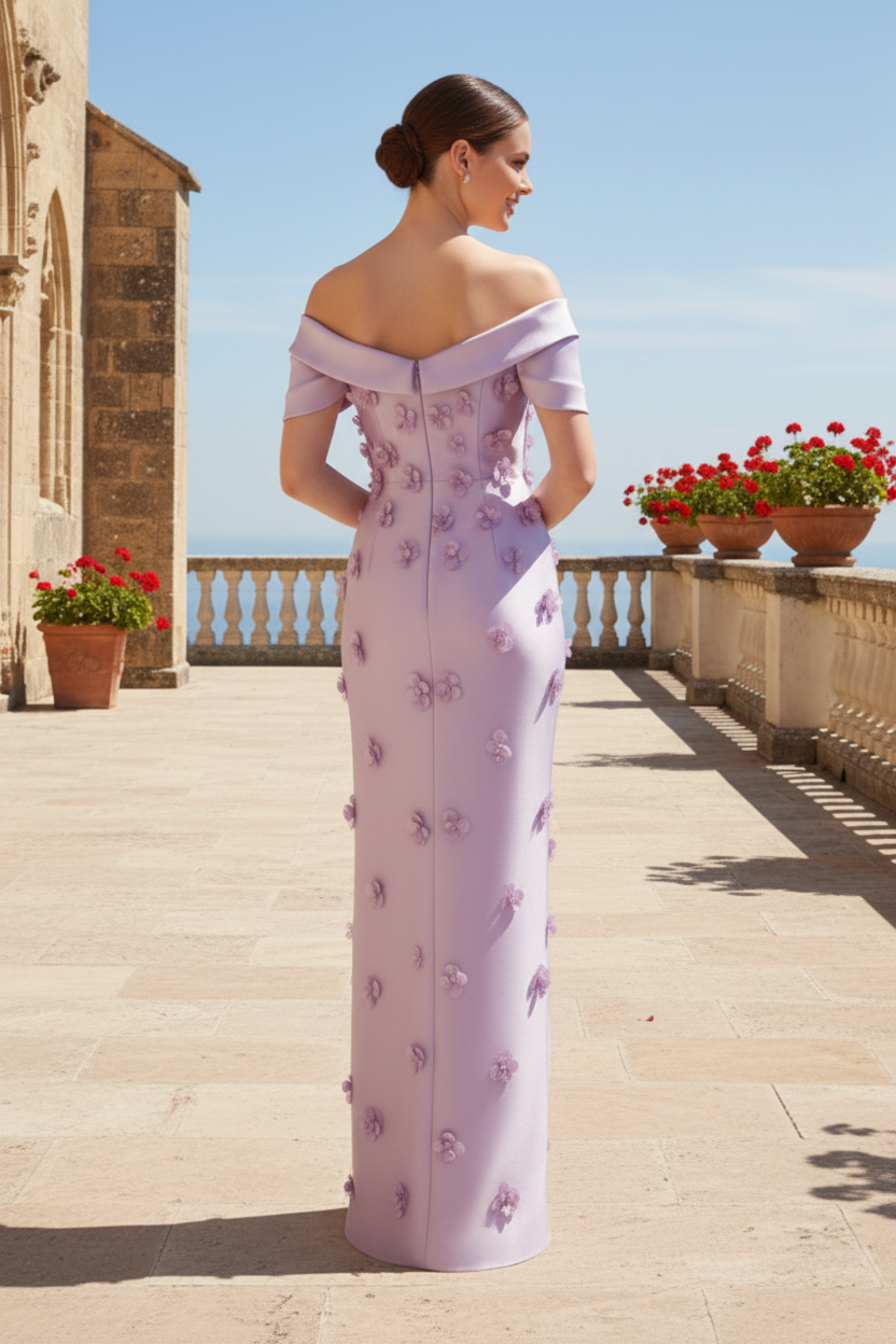 3D Floral Applique Off-the-Shoulder Column Gown